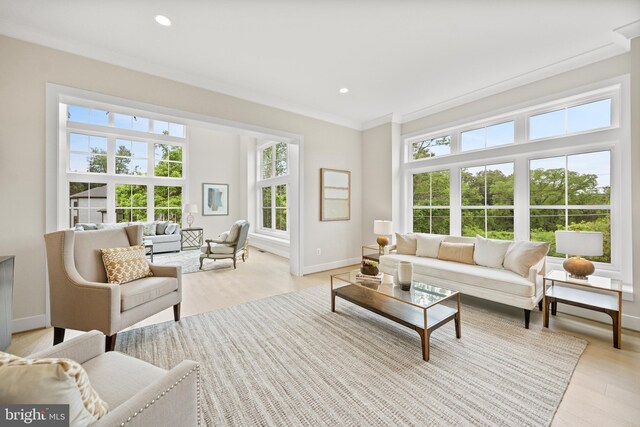 living room featuring light wood finished floors, baseboards, crown molding, and recessed lighting