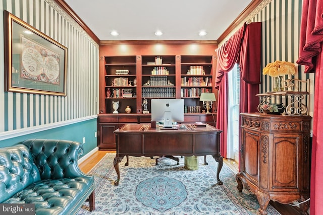 7103 Brookshire Ln, Clarksville, MD 21029 - office with wood finished floors, ornamental molding, wallpapered walls, baseboards, and recessed lighting