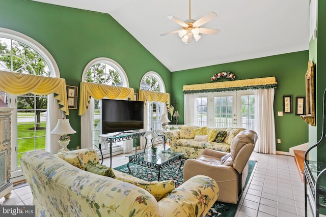 7103 Brookshire Ln, Clarksville, MD 21029 - living area featuring high vaulted ceiling, a ceiling fan, tile patterned flooring, and baseboard heating