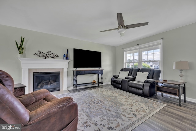 25977 Kildee Run, Mardela Springs, MD 21837 - living room featuring baseboards, wood finished floors, ceiling fan, and a premium fireplace