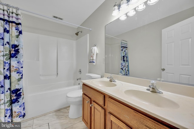 25977 Kildee Run, Mardela Springs, MD 21837 - full bathroom with marble look tiles, toilet, double vanity, and shower / bath combo with shower curtain