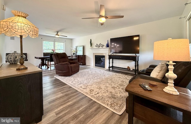 25977 Kildee Run, Mardela Springs, MD 21837 - living area featuring ceiling fan, wood finished floors, and a fireplace with flush hearth