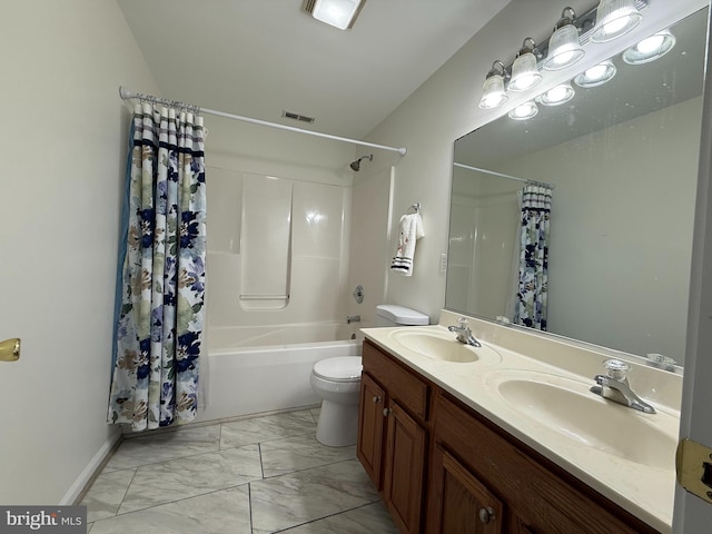 25977 Kildee Run, Mardela Springs, MD 21837 - bathroom featuring marble finish floors, toilet, double vanity, shower / bathtub combination with curtain, and baseboards