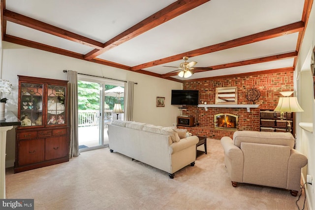 7750 Carrleigh Pkwy, Springfield, VA 22152 - living room with ceiling fan, light colored carpet, beamed ceiling, and a brick fireplace
