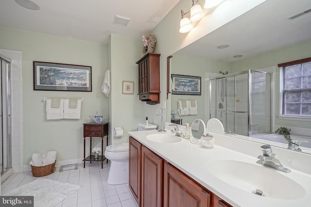 87 Chapel Hill Rd, Mount Laurel, NJ 08054 - bathroom with a stall shower, toilet, tile patterned flooring, and double vanity