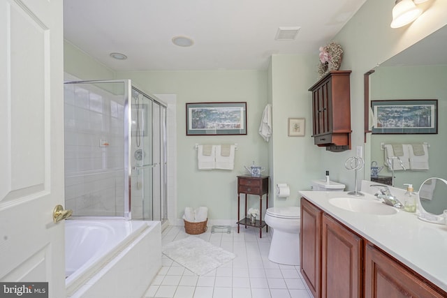 87 Chapel Hill Rd, Mount Laurel, NJ 08054 - bathroom featuring toilet, vanity, a shower stall, tile patterned floors, and a garden tub