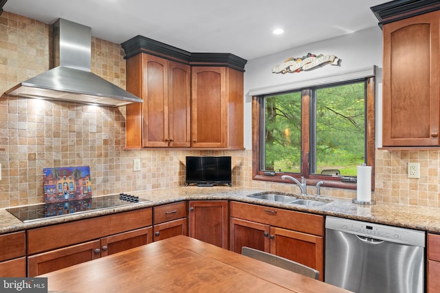 4 Fox Ridge Rd, Glenmoore, PA 19343 - kitchen featuring stainless steel dishwasher, wall chimney exhaust hood, a sink, black electric stovetop, and tasteful backsplash