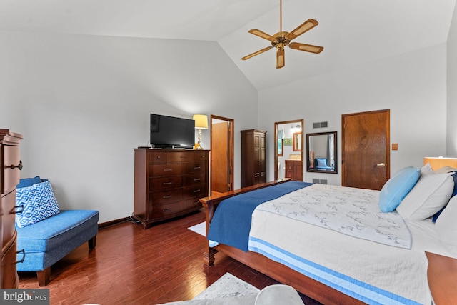 4 Fox Ridge Rd, Glenmoore, PA 19343 - bedroom featuring high vaulted ceiling, wood finished floors, baseboards, ceiling fan, and ensuite bathroom
