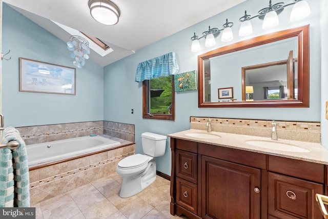 4 Fox Ridge Rd, Glenmoore, PA 19343 - bathroom featuring a skylight, lofted ceiling, toilet, a garden tub, and tile patterned floors