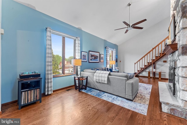 4 Fox Ridge Rd, Glenmoore, PA 19343 - living room with a ceiling fan, baseboards, stairway, wood finished floors, and high vaulted ceiling