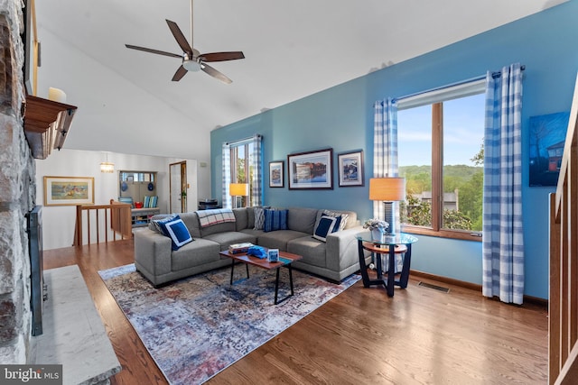 4 Fox Ridge Rd, Glenmoore, PA 19343 - living room featuring wood finished floors, high vaulted ceiling, ceiling fan, and plenty of natural light