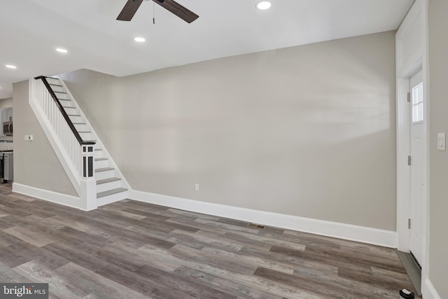 6706 Marsden St, Philadelphia, PA 19135 - unfurnished living room with a ceiling fan, baseboards, wood finished floors, stairway, and recessed lighting