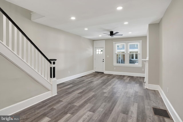 6706 Marsden St, Philadelphia, PA 19135 - foyer entrance with a ceiling fan, wood finished floors, stairway, recessed lighting, and baseboards