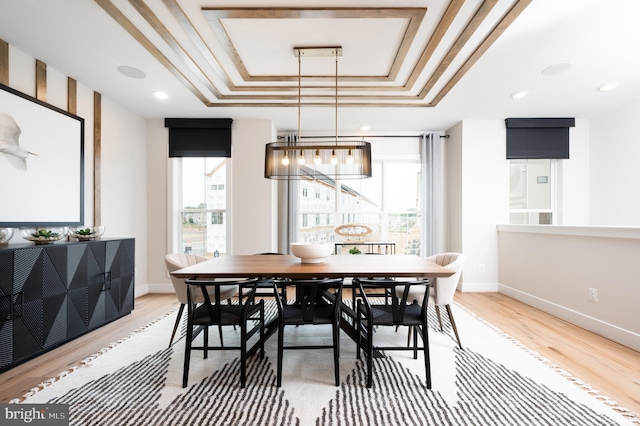 42152 Stone Press Ter, Brambleton, VA 20148 - dining area featuring a raised ceiling, plenty of natural light, light wood-type flooring, and a chandelier