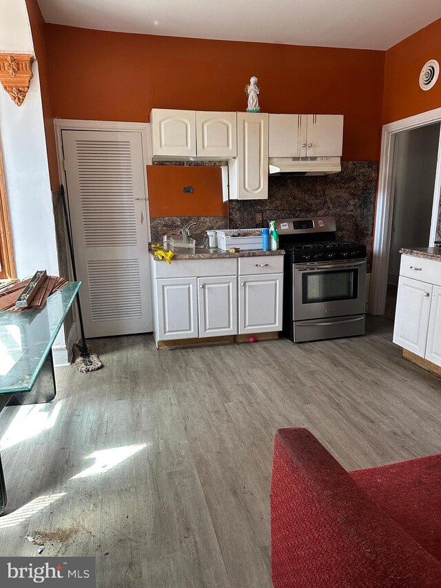641 N 56th St, Philadelphia, PA 19131 - kitchen with stainless steel range with gas stovetop, under cabinet range hood, white cabinetry, light wood-style flooring, and tasteful backsplash