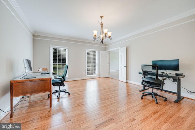 38452 Millstone, Purcellville, VA 20132 - office area featuring a heating unit, light wood-type flooring, a chandelier, ornamental molding, and baseboards