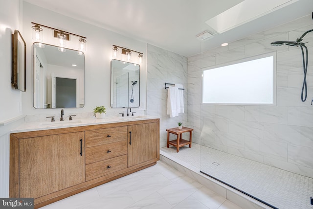 38452 Millstone, Purcellville, VA 20132 - bathroom featuring a walk in shower, marble look tile flooring, and double vanity