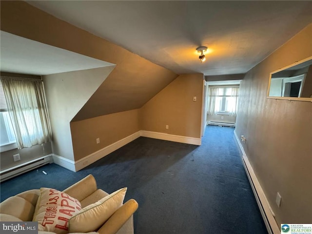 bonus room featuring baseboard heating, a baseboard radiator, baseboards, vaulted ceiling, and carpet