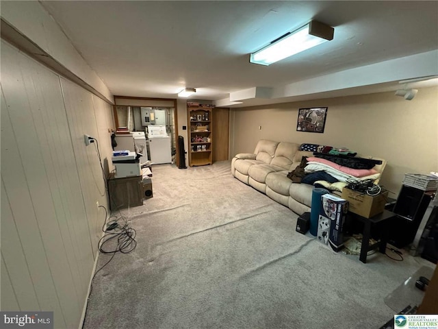 living area featuring light carpet