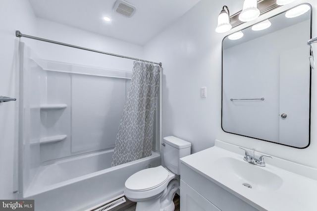 bathroom featuring toilet, shower / bathtub combination with curtain, vanity, and a baseboard heating unit
