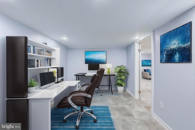 office featuring baseboards and recessed lighting