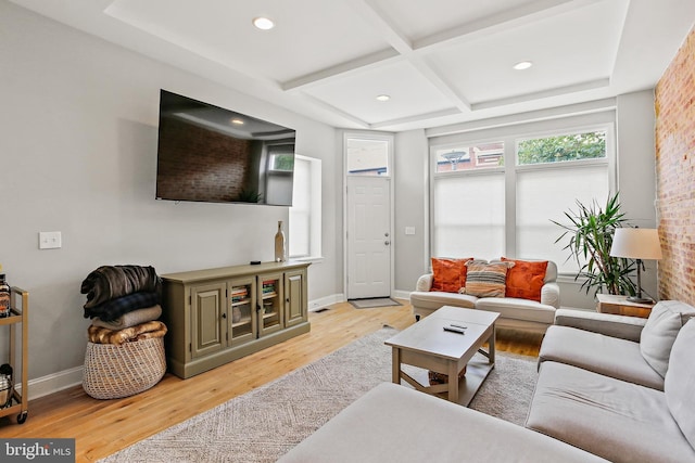 419 S E Ave, Baltimore, MD 21224 - living area featuring light wood-style flooring, baseboards, beamed ceiling, coffered ceiling, and recessed lighting