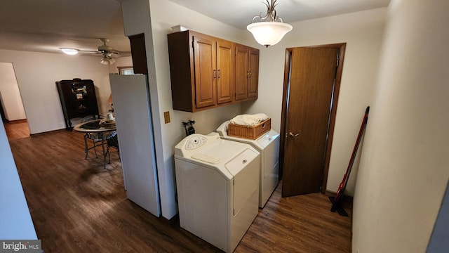 319 Morton Ave, Paulsboro, NJ 08066 - laundry room with cabinet space, dark wood-style floors, washer and dryer, and a ceiling fan
