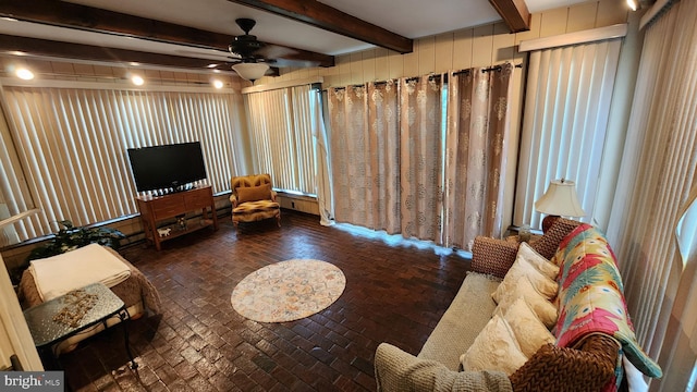 319 Morton Ave, Paulsboro, NJ 08066 - living area with brick floors, a ceiling fan, and beam ceiling