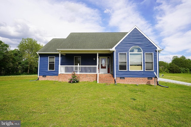 9557 Old Railroad Rd, Mardela Springs, MD 21837 - view of front facade with crawl space, covered porch, a front yard, and a shingled roof