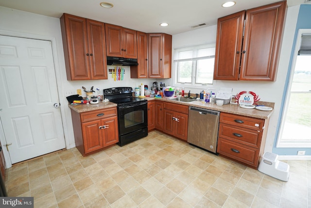 9557 Old Railroad Rd, Mardela Springs, MD 21837 - kitchen featuring stainless steel dishwasher, black range with electric cooktop, a sink, under cabinet range hood, and recessed lighting