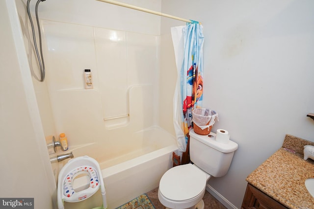 9557 Old Railroad Rd, Mardela Springs, MD 21837 - bathroom with shower / tub combo with curtain, toilet, vanity, and baseboards