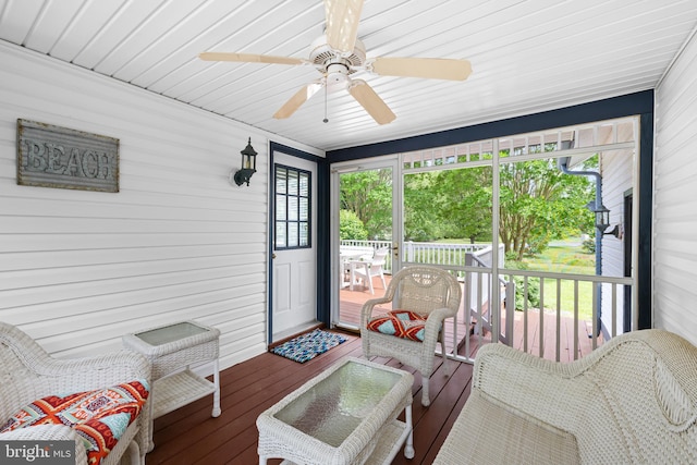 sunroom with healthy amount of natural light and a ceiling fan