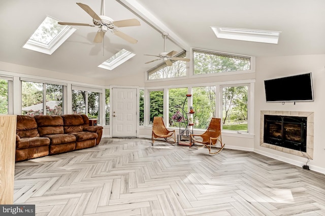 sunroom / solarium featuring a skylight and healthy amount of natural light