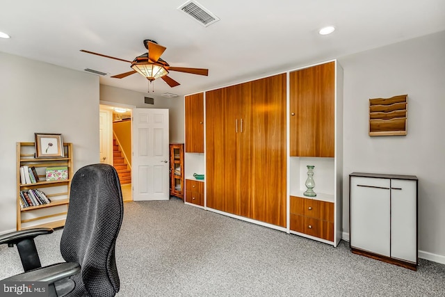 office area with ceiling fan, light carpet, recessed lighting, and baseboards