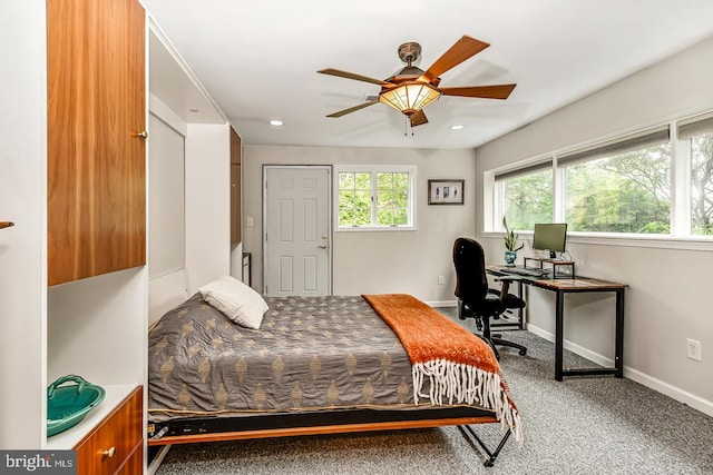 bedroom featuring carpet flooring, baseboards, a desk, recessed lighting, and ceiling fan