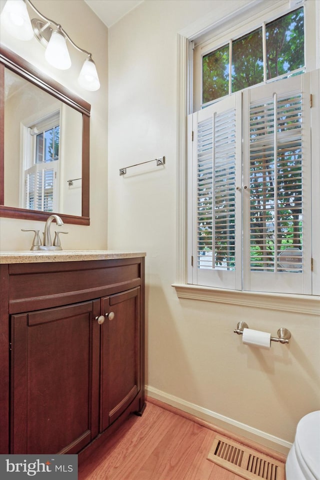 bathroom featuring wood finished floors, plenty of natural light, baseboards, and vanity