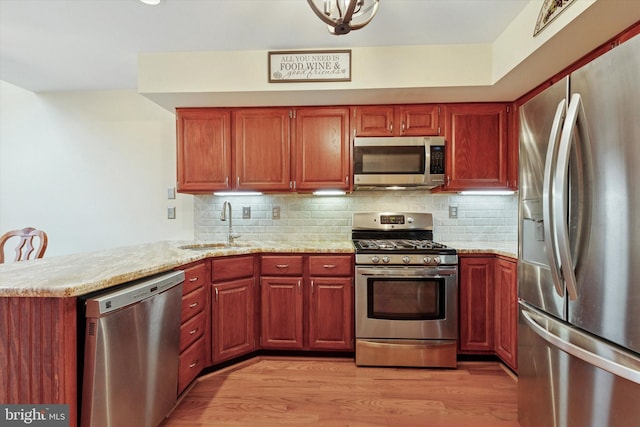 kitchen featuring appliances with stainless steel finishes, a sink, a peninsula, light wood-type flooring, and backsplash