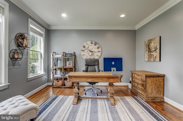 6034 Franconia Rd, Alexandria, VA 22310 - office area featuring baseboards, crown molding, wood finished floors, and recessed lighting