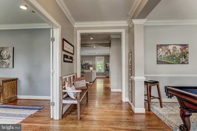 6034 Franconia Rd, Alexandria, VA 22310 - hall featuring wood finished floors, ornamental molding, baseboards, and decorative columns