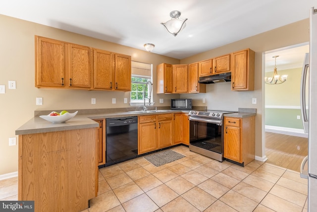 503 Forest Ave, Bellefonte, PA 16823 - kitchen with dishwasher, electric range, under cabinet range hood, a sink, and a chandelier