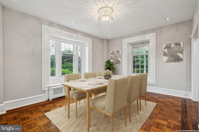 2424 Golf Rd, Philadelphia, PA 19131 - dining area with baseboards, a chandelier, radiator heating unit, and recessed lighting
