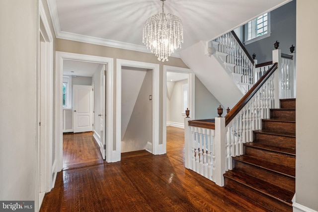 2424 Golf Rd, Philadelphia, PA 19131 - stairs with wood finished floors, a chandelier, and baseboards