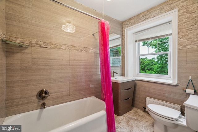 2424 Golf Rd, Philadelphia, PA 19131 - full bath featuring radiator heating unit, toilet, shower / bathtub combination, a sink, and tile walls