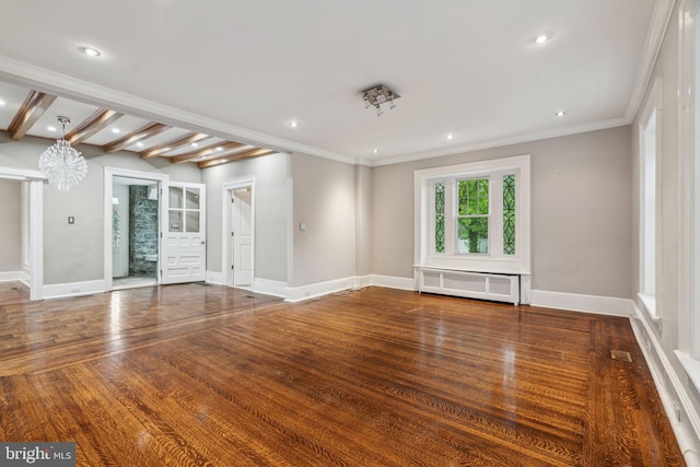 2424 Golf Rd, Philadelphia, PA 19131 - unfurnished living room with radiator heating unit, baseboards, ornamental molding, a chandelier, and wood finished floors