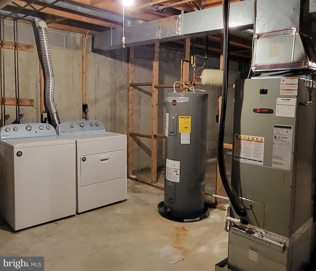 unfinished below grade area with electric water heater, washing machine and clothes dryer, and heating unit