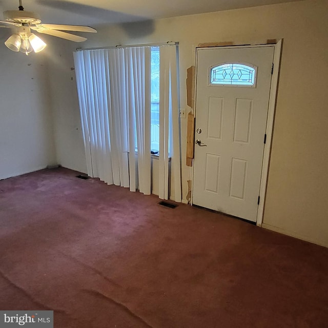 carpeted foyer entrance with plenty of natural light and ceiling fan