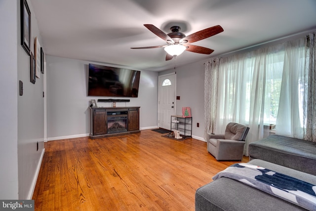 436 Strobridge Rd, Inwood, WV 25428 - living room with wood finished floors, ceiling fan, baseboards, and a glass covered fireplace
