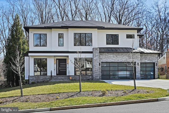 1564 Forest Villa Ln, Mclean, VA 22101 - modern home with stone siding, a front lawn, concrete driveway, a standing seam roof, and an attached garage