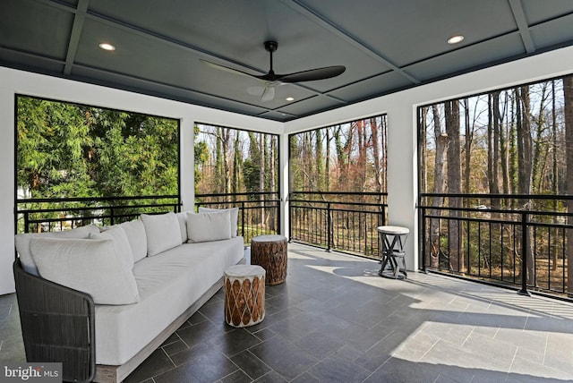 1564 Forest Villa Ln, Mclean, VA 22101 - sunroom / solarium with ceiling fan, an outdoor living space, and coffered ceiling