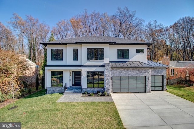 1564 Forest Villa Ln, Mclean, VA 22101 - modern home with a standing seam roof, concrete driveway, a garage, stone siding, and stucco siding